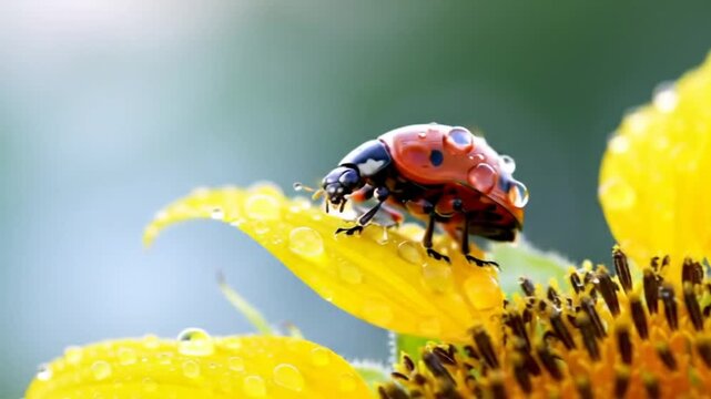 Ladybug with water drops on a yellow flower petal in soft light.