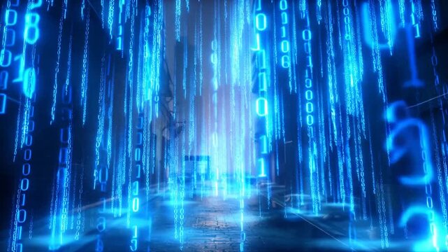 A mesmerizing digital landscape featuring cascading blue binary code raining down through an urban alleyway, creating a futuristic atmosphere and captivating visual experience.
