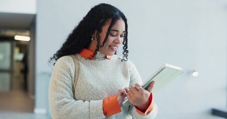 Startup, tablet and business woman in office for social media marketing, networking and website. Creative agency, lobby and person on digital tech for typing email, seo research and connection - Powered by Adobe