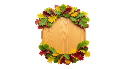 Isolated autumn oak leaves wreath around wooden sign, harvest season banner, celebration decor