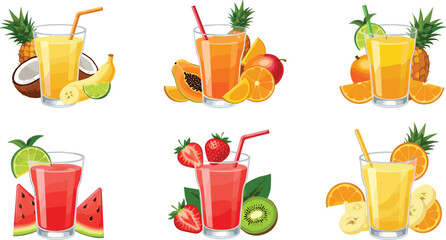 Refreshing tropical fruit juice collection with strawberry, banana, orange, kiwi, coconut, papaya and pineapple drinks in vibrant vector illustration © Kartik Creative