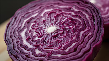 Red cabbage cross-section analysis. Ultra realistic sliced red cabbage visual. Nutritional benefits of red cabbage. Colorful structure of red cabbage revealed.