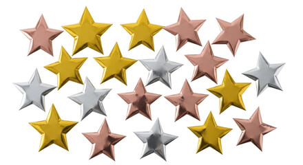 Isolated shiny stars in gold silver rose gold for holiday celebration and decoration stock
