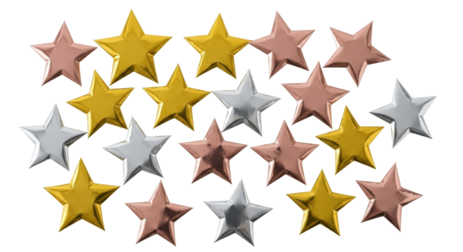 Isolated shiny stars in gold silver rose gold for holiday celebration and decoration stock