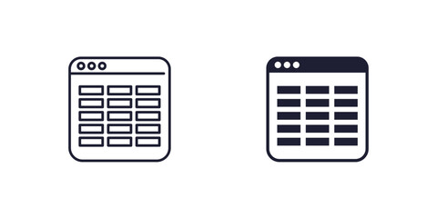 online spreadsheet icons on white, line and solid design