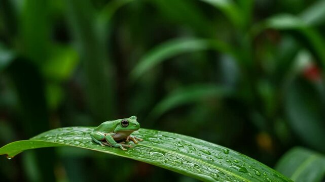 A detailed close-up of a vibrant green frog perched on a dew-covered leaf amidst lush rainforest foliage, capturing the essence of tropical wildlife and natural habitat.