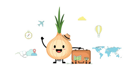 Fototapeta premium Onion Embarking On Travel Journeys Across the Globe With Suitcase and Adventures