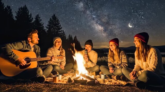 Friends Gathered Around Campfire at Night Under Starry Sky with Guitar.
