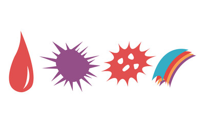 Obraz premium A set of vivid, graphic elements, each with a distinct shape and color, arranged on a seamless backdrop, suitable for design and artistic application.