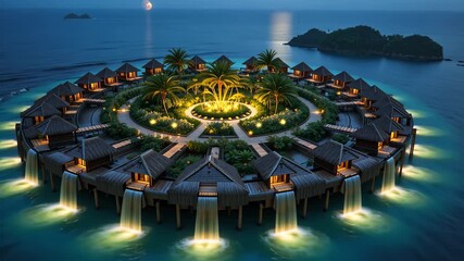 Luxurious island resort with circular overwater villas glowing at dusk against calm tropical sea. Concept of premium vacation escape