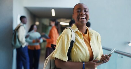 Laugh, university and face of woman in hallway ready for learning, education and knowledge. College, school and portrait of student with smile, confidence and studying for scholarship on campus