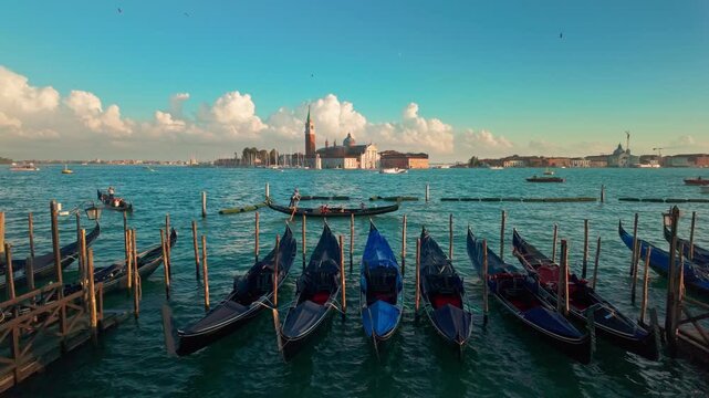 San Giorgio Maggiore church and traditional Venetian gondolas in Venice, Italy