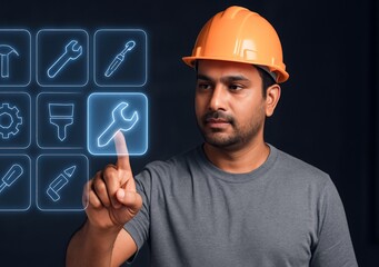 Indian man in hard hat pointing at wrench icon, symbolizing digital handyman service or online tools selection. Builder using virtual interface for project management.