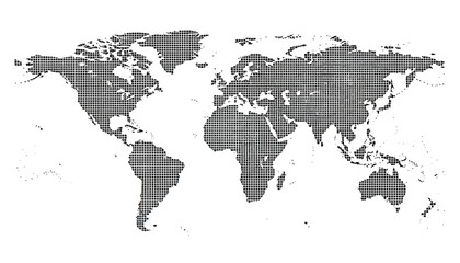Stylized black and white world map illustration with a textured plaid pattern creating a unique global representation