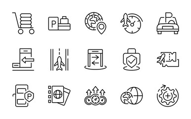 Airport line icon set. Suitcase, briefcase, travel sign, traveling, tourism, booking, insurance outline icon collection