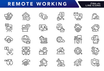 Remote Working line icon set. Freelance, hybrid work, digital nomad, office, home office, telecommuting, video conferencing icon collection