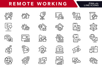 Remote Working line icon set. Home office, freelance, hybrid work, digital nomad, office, telecommuting, video conferencing line icons collection. UI thin line icon pack