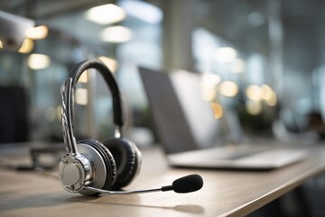 Call center headset with microphone on office desk, customer support hotline, contact center equipment.