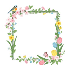 Fototapeta premium Vibrant spring floral frame with cherry blossoms, daffodils, tulips, a blue tit bird, and butterflies on a white background.