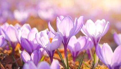 Spring awakening: A field of vibrant purple crocus flowers basking in sunlight