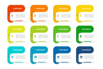 For business concept with 12 steps infographics, rectangle shape with multicolor label, design for workflow layout, diagram, annual report, web design. vector illustration