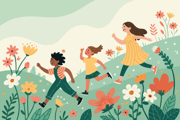 Children joyfully sprint through a vibrant, sun-drenched meadow bursting with diverse wildflowers.