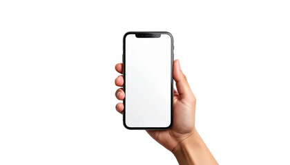 Hand Holding Smartphone With White Screen Against Transparent Background For Mobile Tech Concept