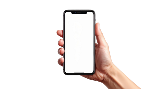 Hand Holding Smartphone With White Screen Against Transparent Background For Mobile Tech Concept