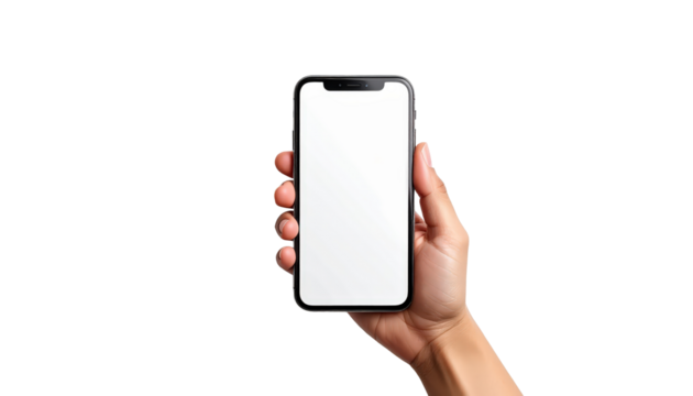 Hand Holding Smartphone With White Screen Against Transparent Background For Mobile Tech Concept