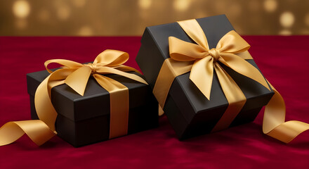 Two elegant black gift boxes with gold ribbons and confetti on a festive red background. Luxurious holiday, anniversary, or celebration concept with soft, warm lighting.