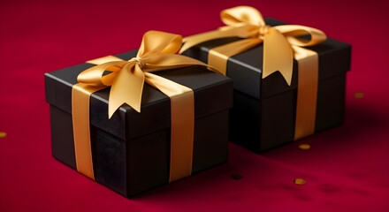 Two elegant black gift boxes with gold ribbons and confetti on a festive red background. Luxurious holiday, anniversary, or celebration concept with soft, warm lighting.