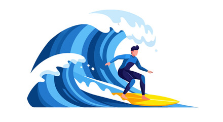 Surfer Riding A Giant Wave On Bright Yellow Surfboard Against Black Background