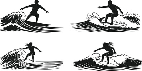 Silhouette surfers riding ocean waves illustration, surfing sport vector art, beach summer adventure design, extreme surfboard action graphic, sea lifestyle concept