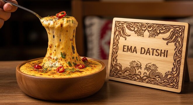 Ema Datshi with Cheese Pull &ndash; Juniper Wood &lsquo;EMA DATSHI&rsquo; Plaque in Dzongkha, Chili Cluster & Bumthang Dragon Motifs