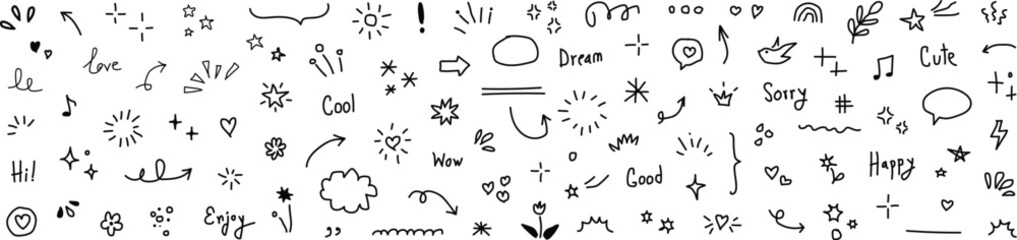 Hand drawing Line arrow, star, heart cute icon elements. Hand drawn sketch heart, arrow, star, flower decoration symbols. Simple sketch line style emphasis, attention, graphic elements. 