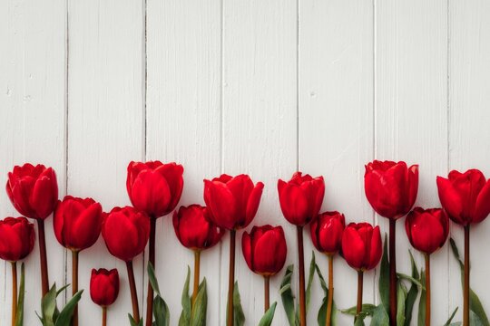 A white wooden backdrop is shown with a row of red tulips and sufficient space for adding text