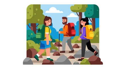 Three Hikers Enjoying An Amazing Hike Together Through A Beautiful Forest Landscape