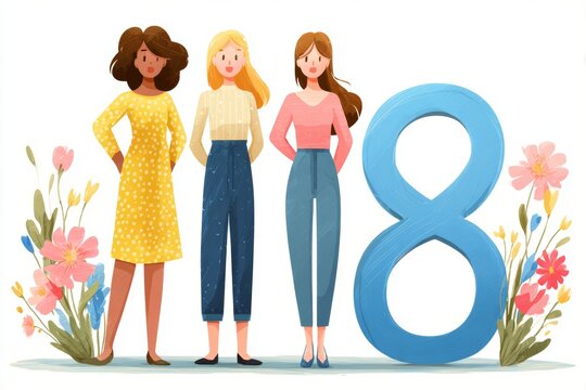 A feminism cartoon featuring a diverse group of multicultural women celebrating female friendship, sisterhood, empowerment, and unity is a modern representation of International Women's Day, which is - Powered by Adobe