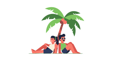 Summer Bliss: Two Friends Relaxing Under Palm Tree in Tropical Vibe