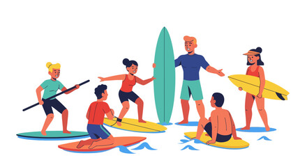 Thrilling Beach Adventure Depicting People Enjoying Surfing and Paddleboarding Activities