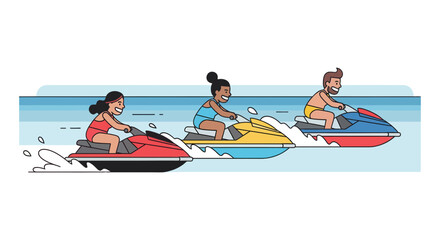 Thrilling Summer Fun: Cartoon Jetskiers Racing Across The Sparkling Blue Water