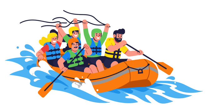 Thrilling Rafting Adventure: Group Enjoying Whitewater Rapids On A Sunny Day