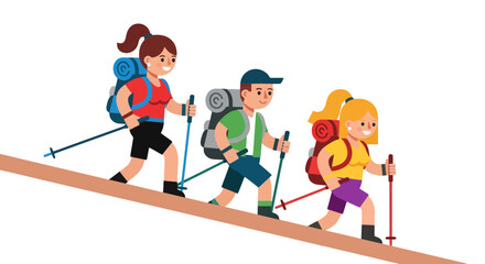 Trekking Expedition: Three Adventurers Ascending a Gentle Incline on a Dark Background