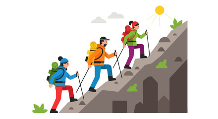 Trekking Adventure: A Group of Hikers Climbing A Mountain Toward Sunlight