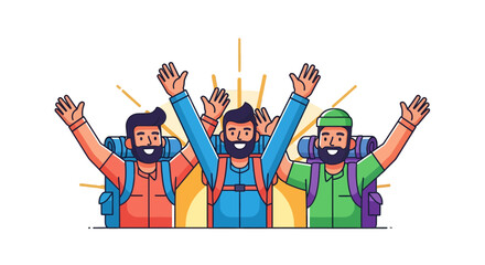 Trekking Group Celebrating Victory With Arms Raised Against the Backdrop Display