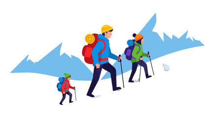 Trekking Family Ascends Snowy Peaks in Silhouetted Adventure Against a Black Backdrop