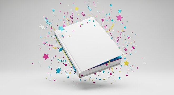White Book Mockup Floating with Colorful Confetti and Stars