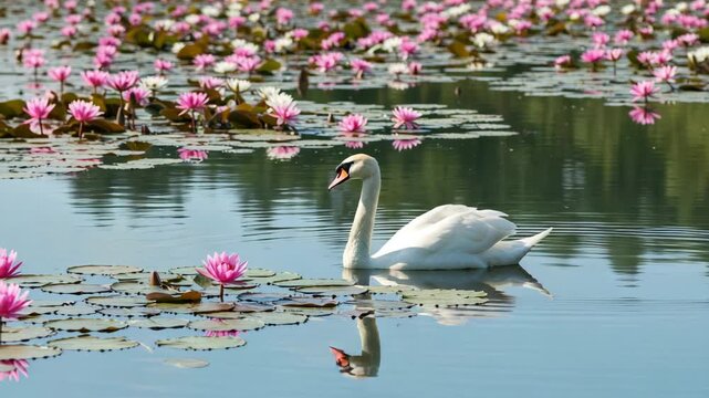 Beautiful scene of a white swan swimming on a tranquil lake with blooming pink lotus flowers creating a serene natural landscape