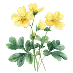 A minimal layout design, a Watercolor painting of a celandine herb, delicately hand-painted with artistic brush strokes, white background, vector EPS
