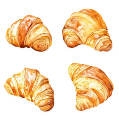 A minimal layout design, a Watercolor painting of a croissant set, delicately hand-painted with artistic brush strokes, white background, vector EPS